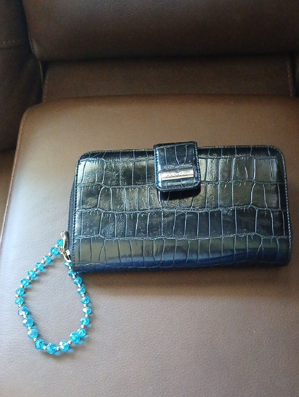 Croc-Embossed Black Wristlet Wallet with Beaded Strap